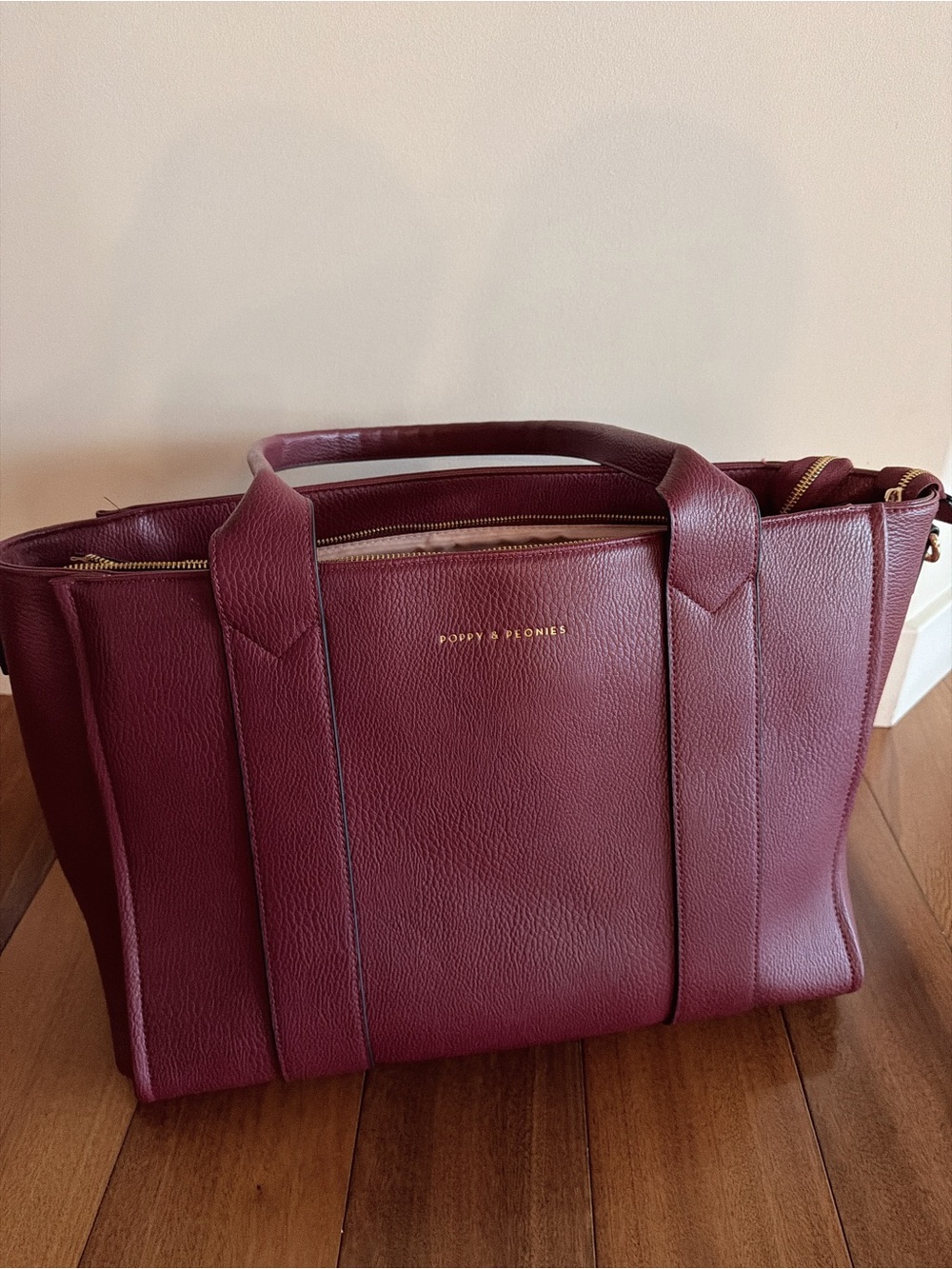 Poppy & Peonies Burgundy Leather Tote Bag
